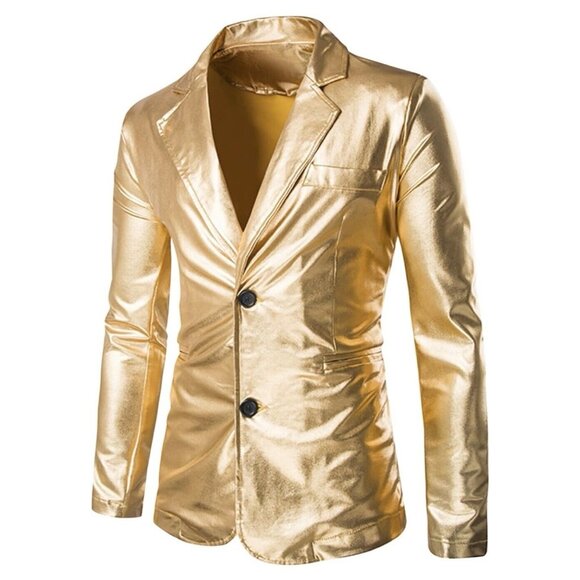 Gold Metallic Shiny Mens Blazer Suit Jacket 2 Button Sport Coat Large Prom New - Picture 2 of 11